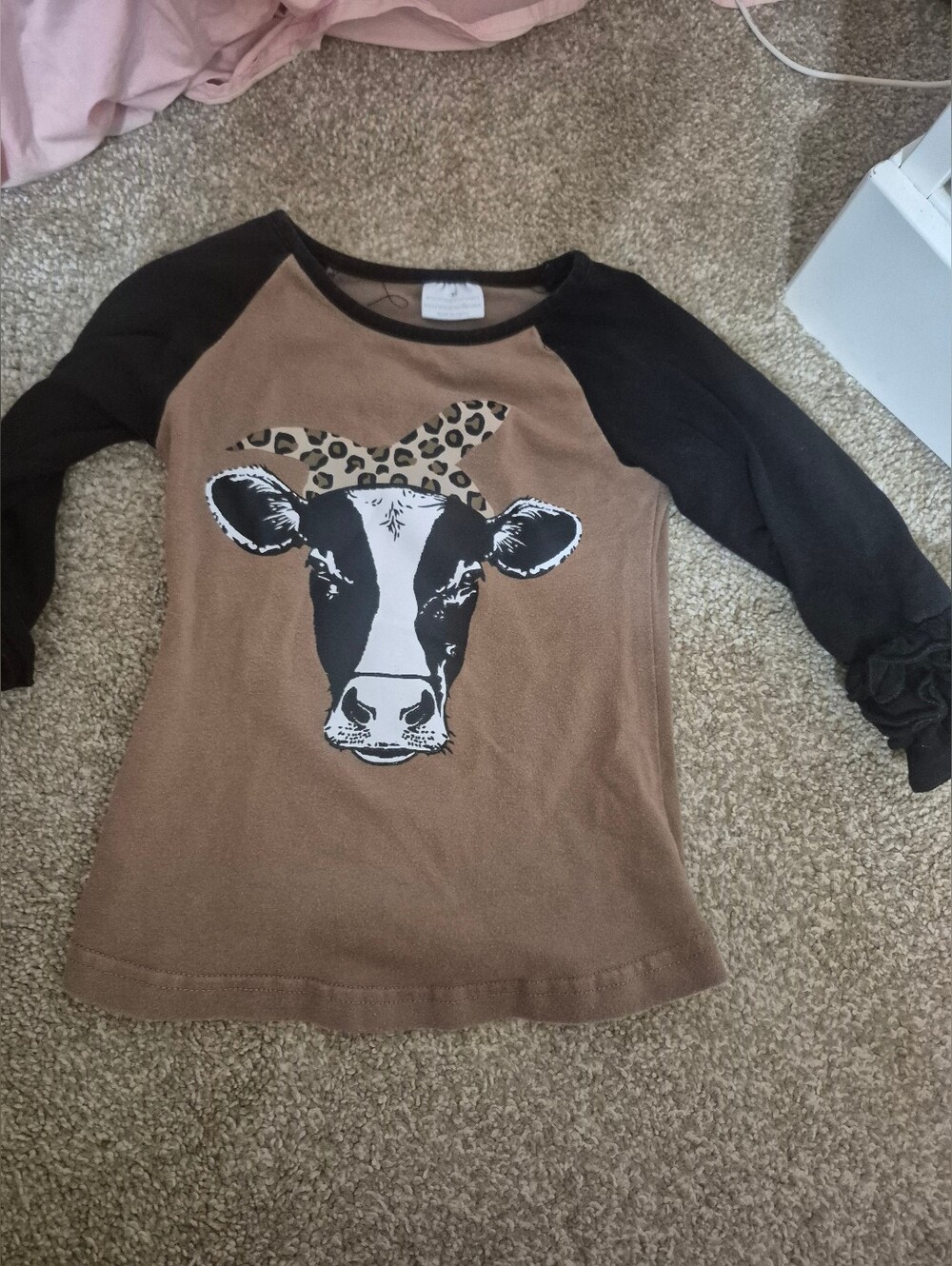 Girls Brown & Black Raglan Cow Graphic Top